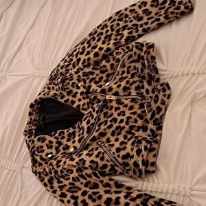 Cropped leopard print moto jacket